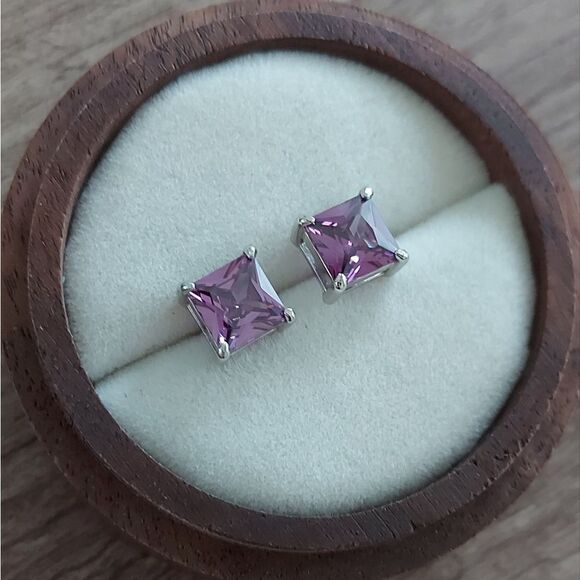 Platinum Plated S925 Sterling Silver Purple CZ Stud Earrings - Picture 3 of 8